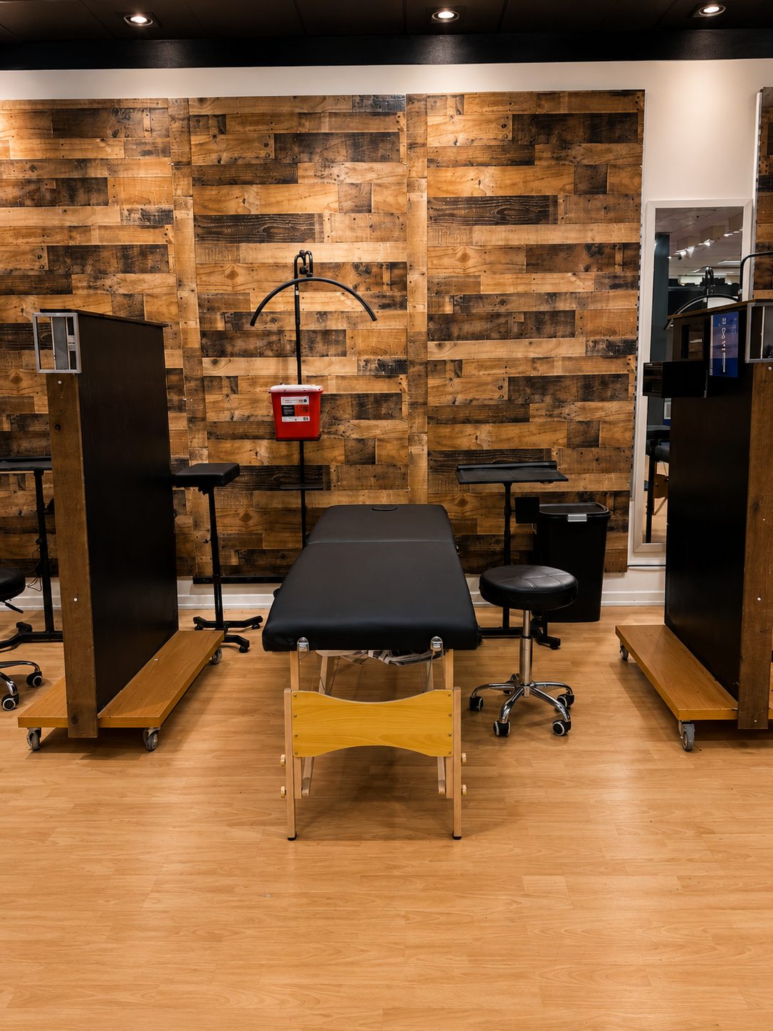 Station 5 — reclaimed-wood wall setup